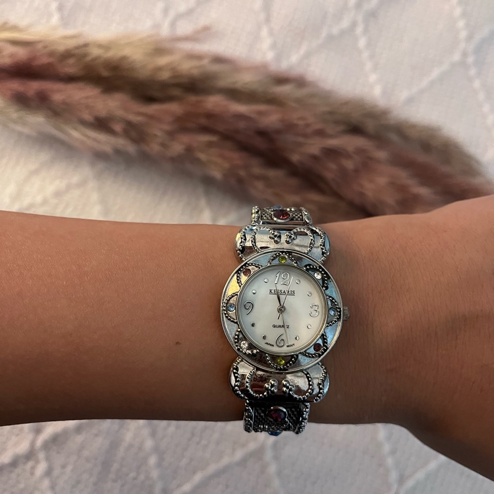 Vintage Studded Silver Princess‎ Quartz Cuff Watch